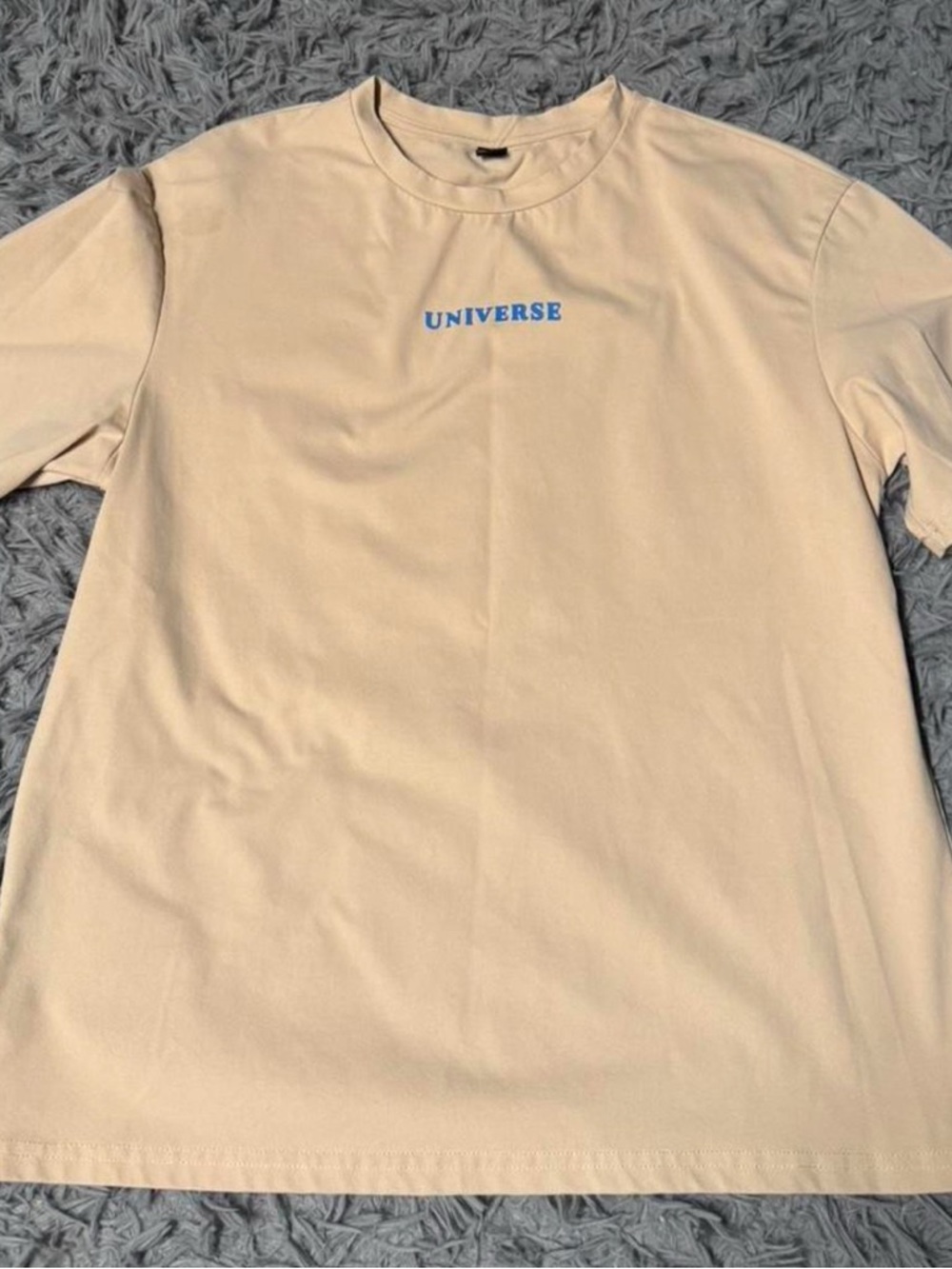SHEIN Beige Crewneck T-Shirt with Blue 'UNIVERSE' Logo